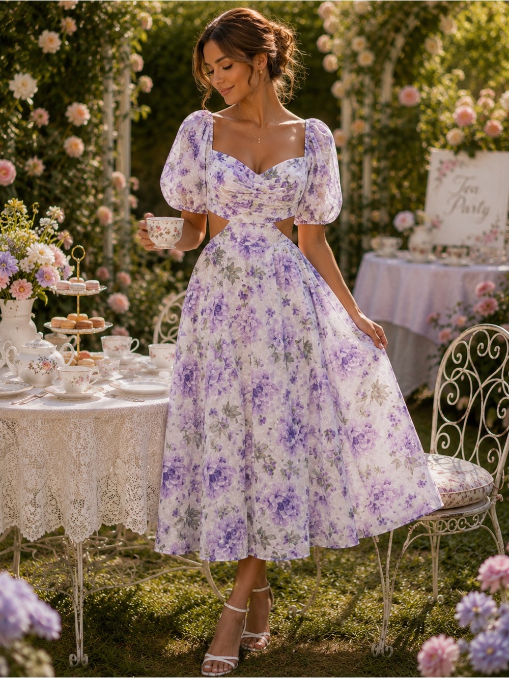 Lavender Floral Puff-Sleeve Midi Dress